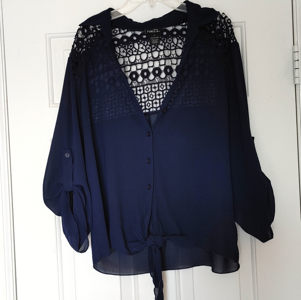 Rue 21 Sheer Navy Blouse with Crochet Back